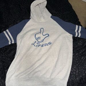 Jerzees Gray and Blue Hoodie with Varsity Stripes